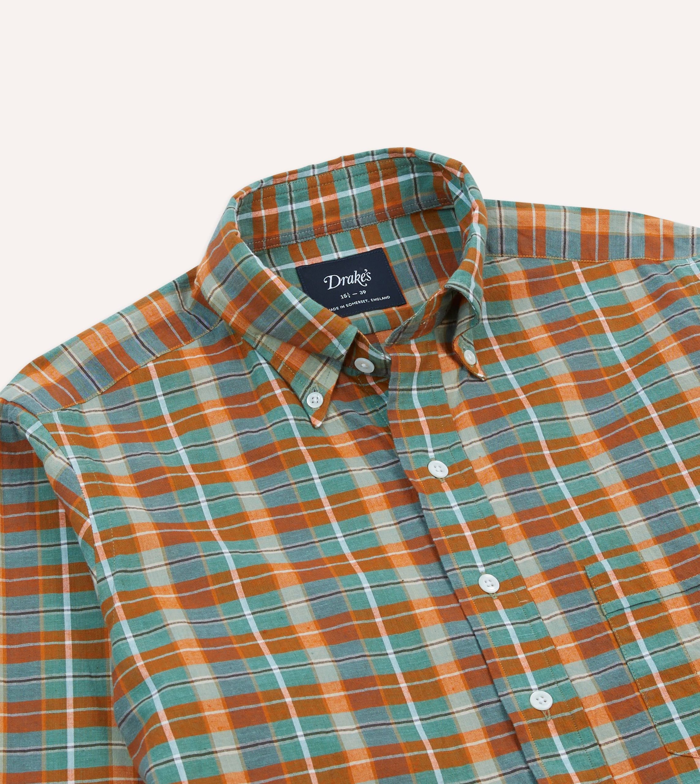 Orange and Blue Madras Check Cotton Button-Down Shirt - Image 3