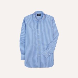 Dark Blue and White Bengal Stripe Spread Collar Cotton Poplin Shirt