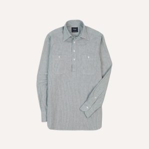 Blue Hickory Stripe Cotton Long Point Collar Popover Shirt