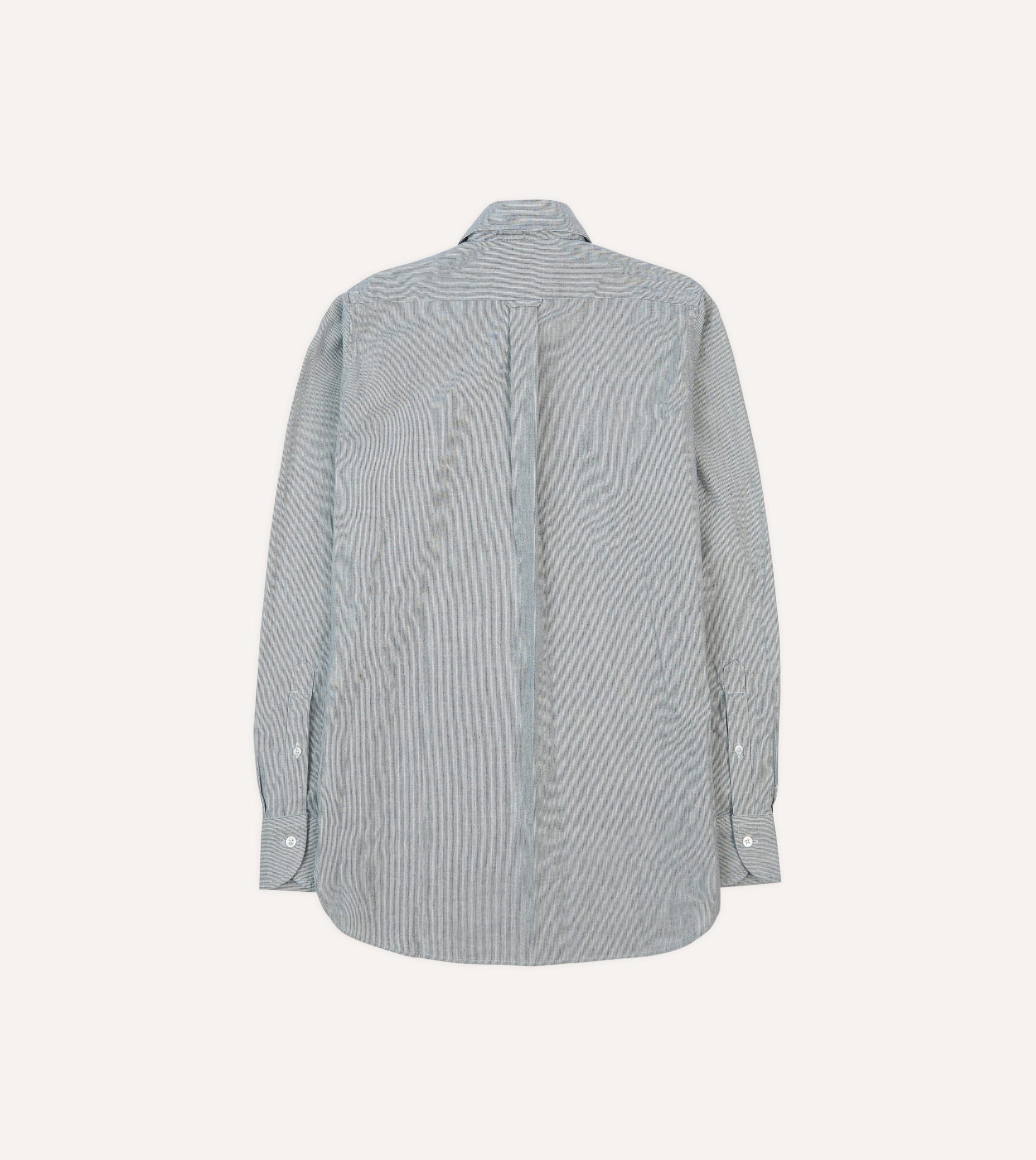 Blue Hickory Stripe Cotton Long Point Collar Popover Shirt - Image 6