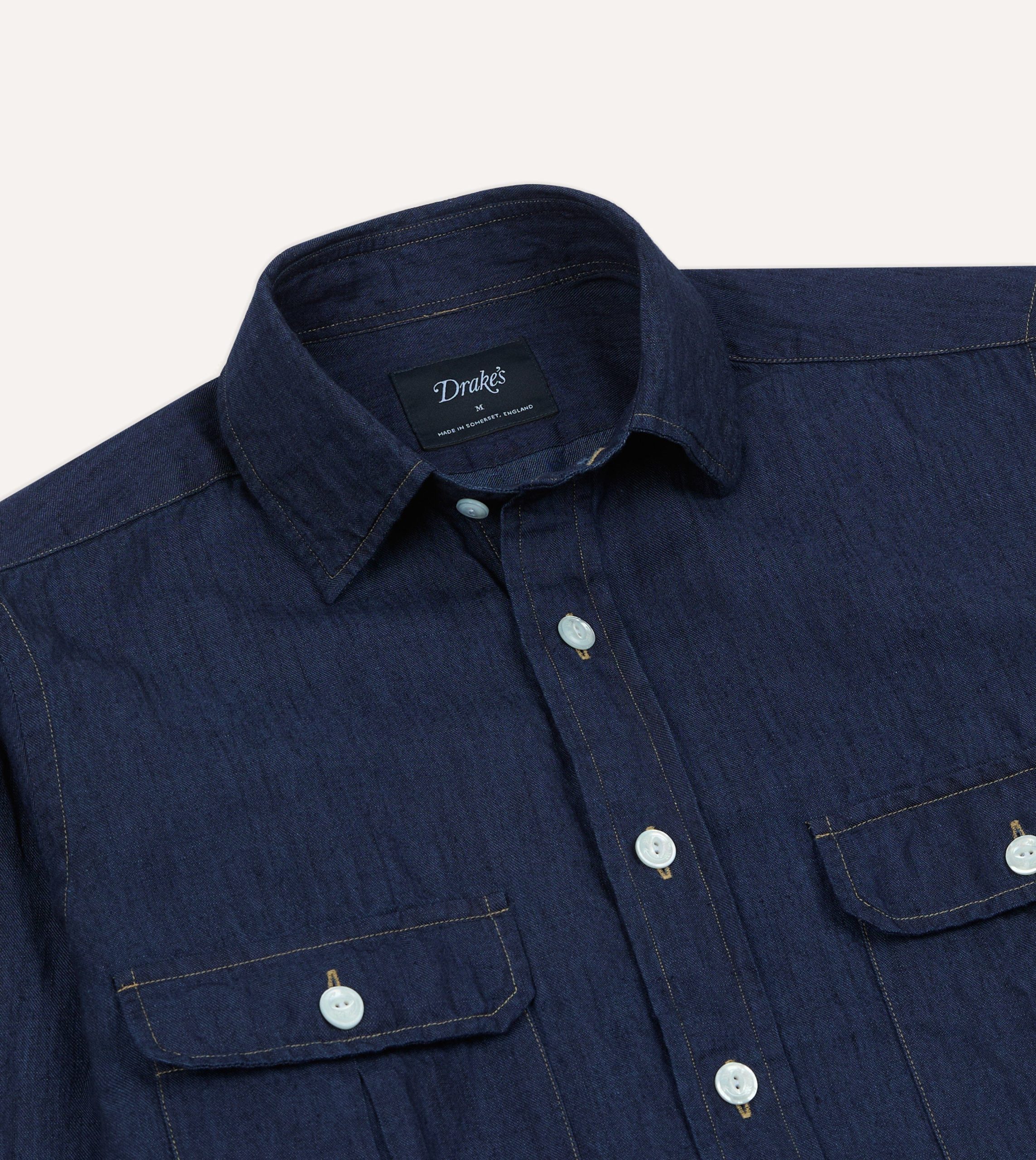 Navy Cotton Linen Two-Pocket Work Shirt - Image 3