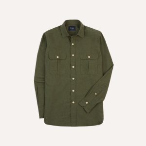 Khaki Green Cotton Flannel Two-Pocket Work Shirt