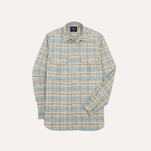Ecru and Blue Check Cotton Two-Pocket Work Shirt