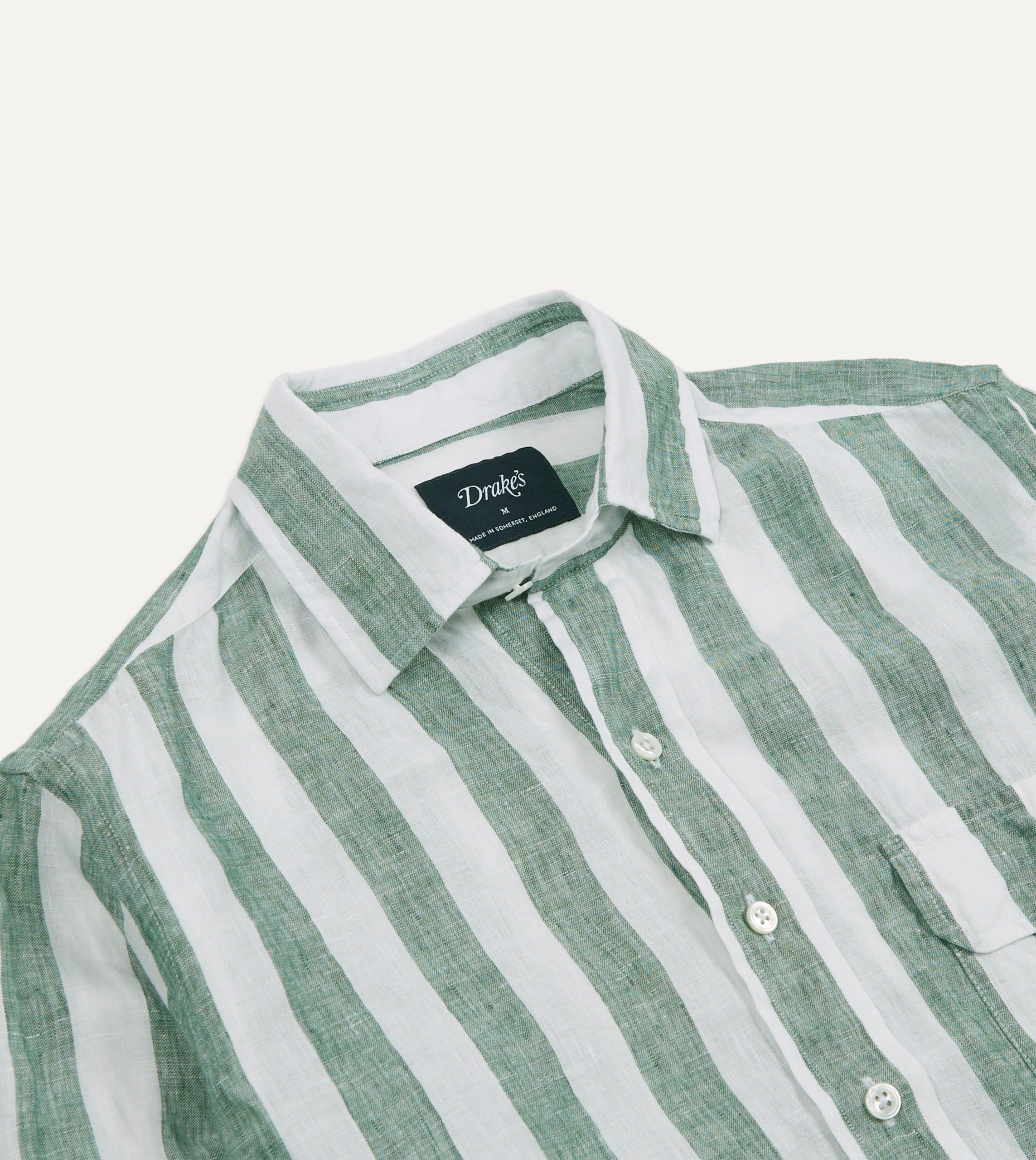 Green and White Broad Stripe Linen Spread Collar Shirt - Image 3