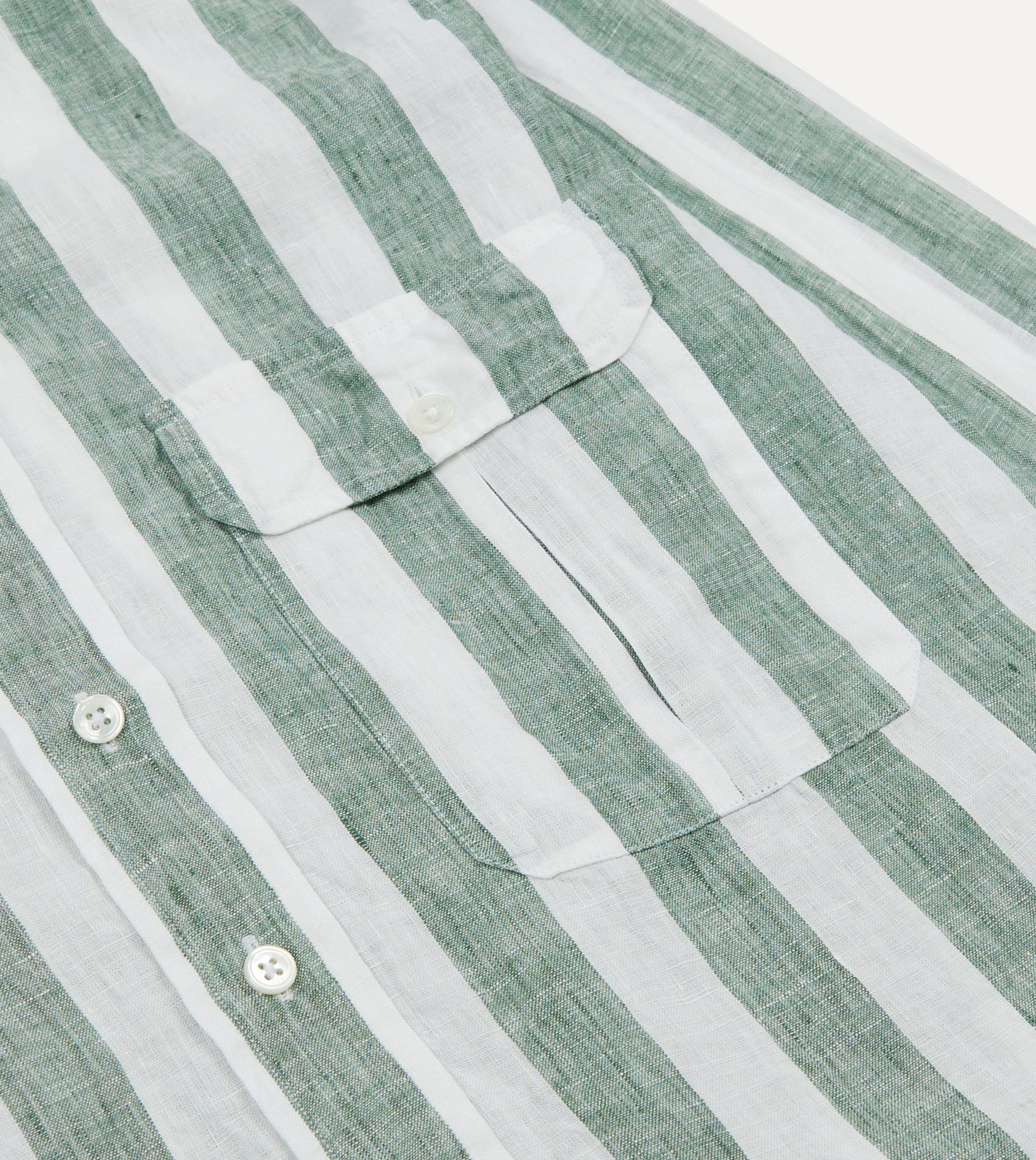 Green and White Broad Stripe Linen Spread Collar Shirt - Image 4