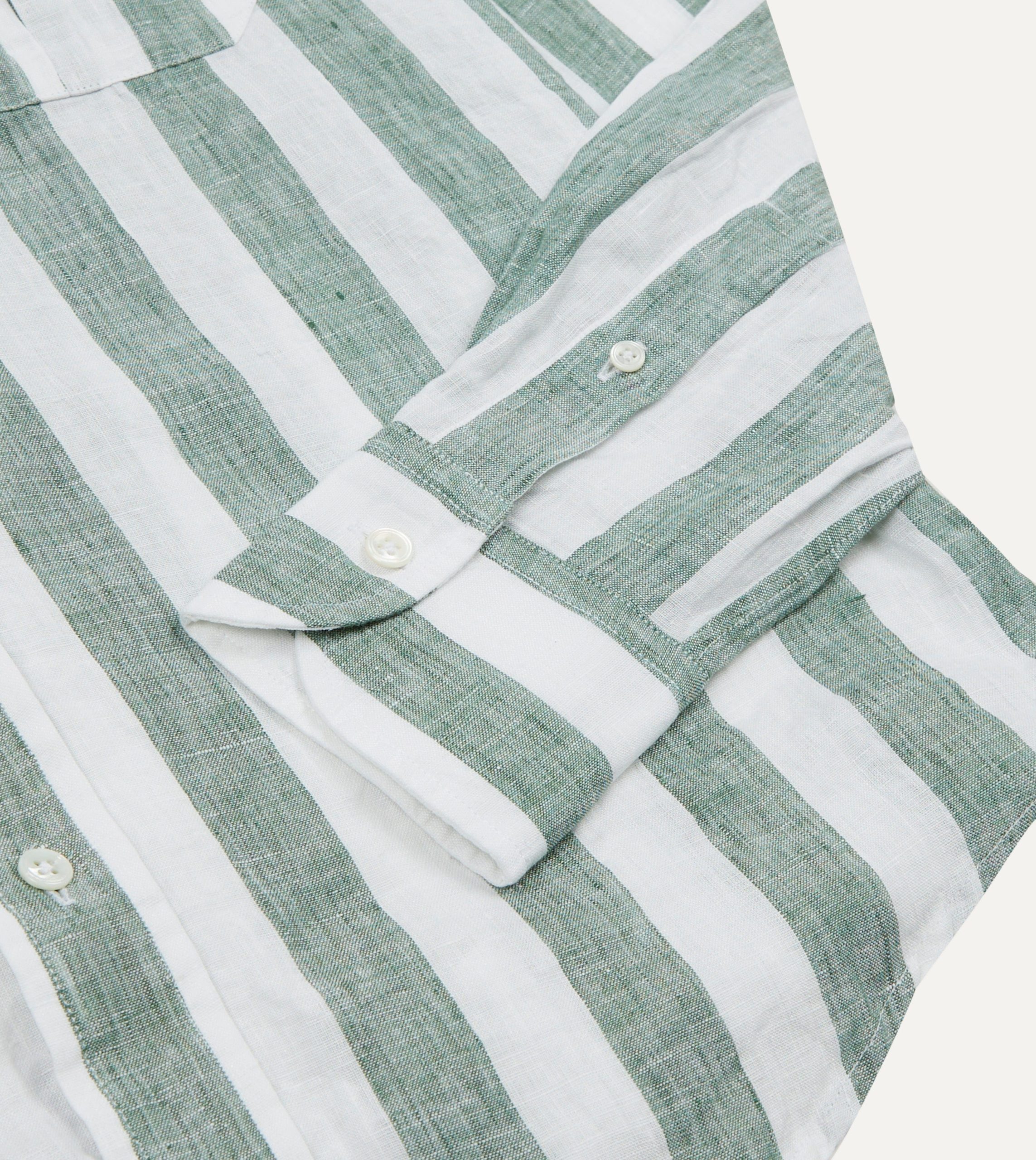 Green and White Broad Stripe Linen Spread Collar Shirt - Image 5