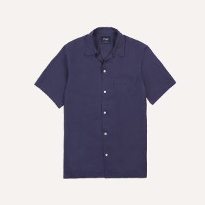Navy Linen Camp Collar Short Sleeve Shirt