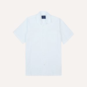 White Cotton-Linen Seersucker Camp Collar Short Sleeve Shirt