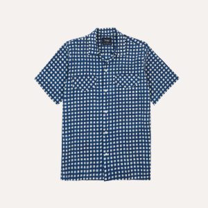 Navy Gingham Check Block Print Cotton Camp Collar Short Sleeve Shirt