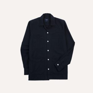 Navy Wool Four-Pocket Camp Collar Work Shirt