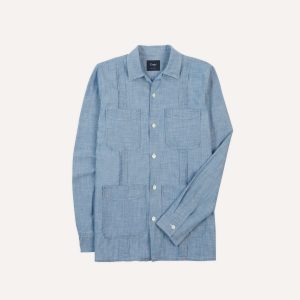 Bleach Wash Chambray Cotton Long Sleeve Cuban Shirt