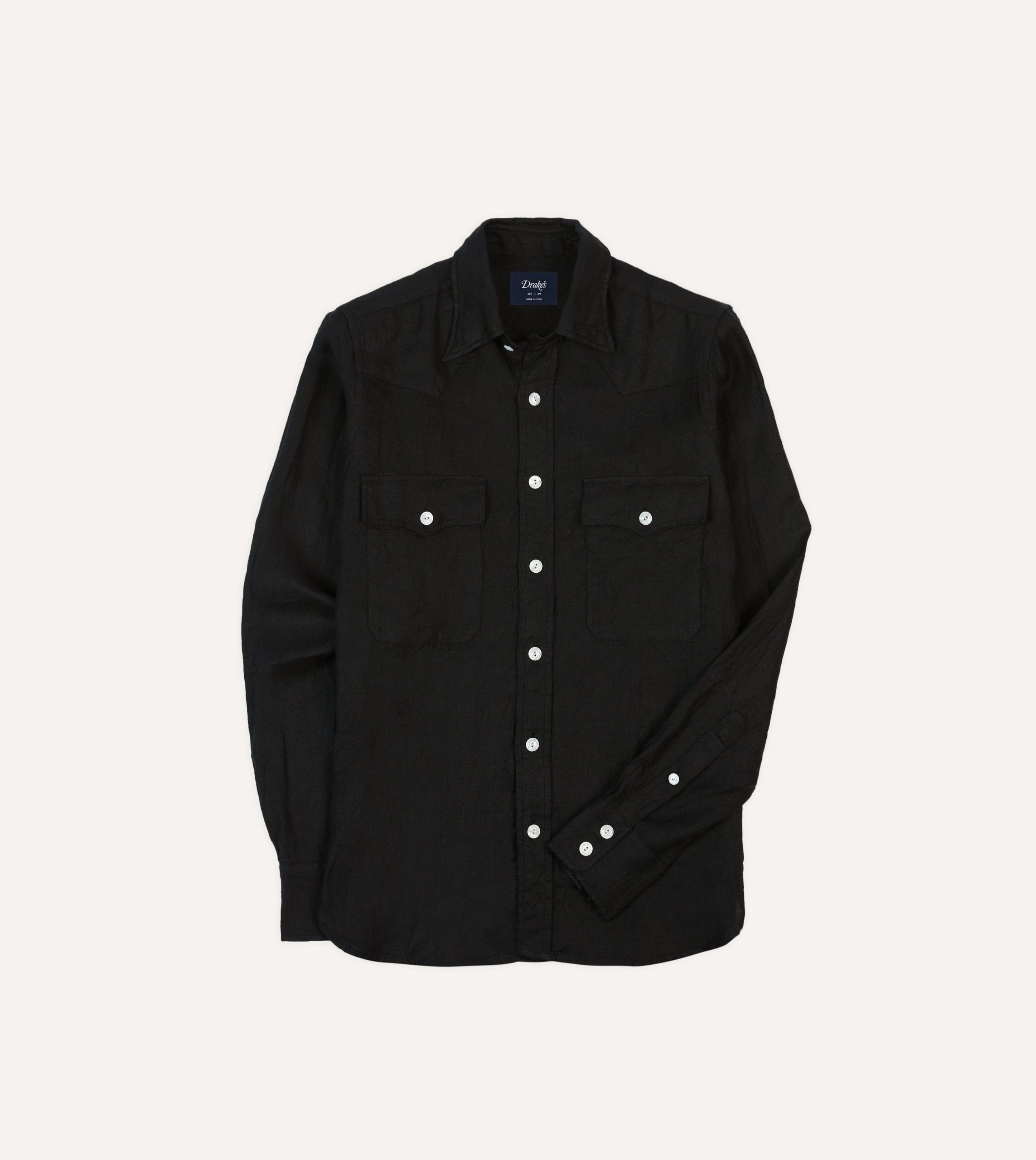 Black Linen Twill Two-Pocket Western Shirt