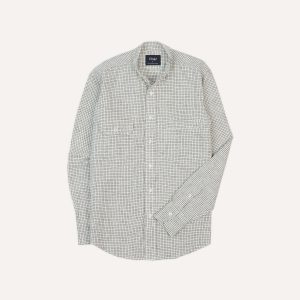 Ecru Check Linen-Cotton Mandarin Collar Shirt