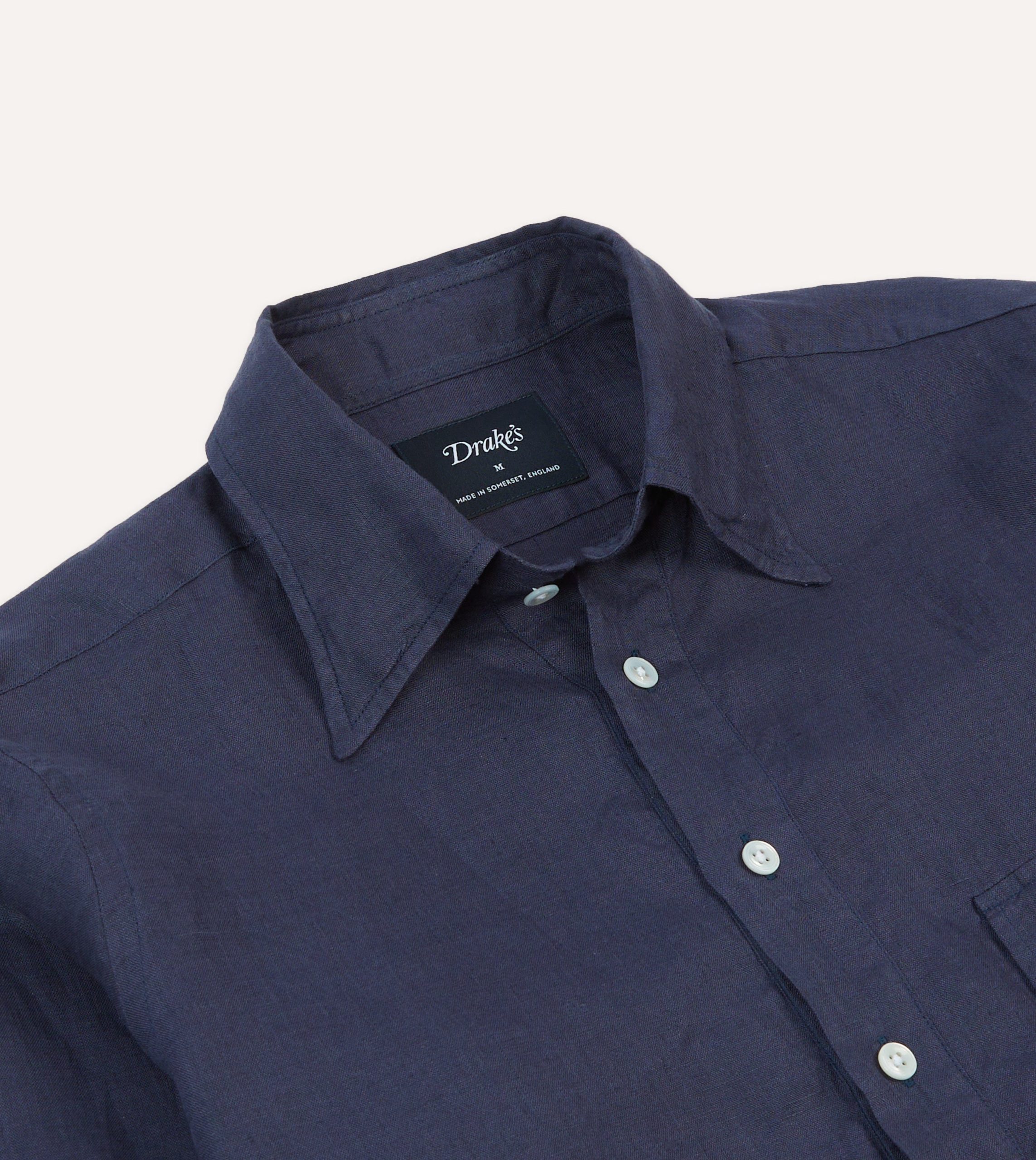 Navy Linen Long Point Collar Popover Shirt - Image 3