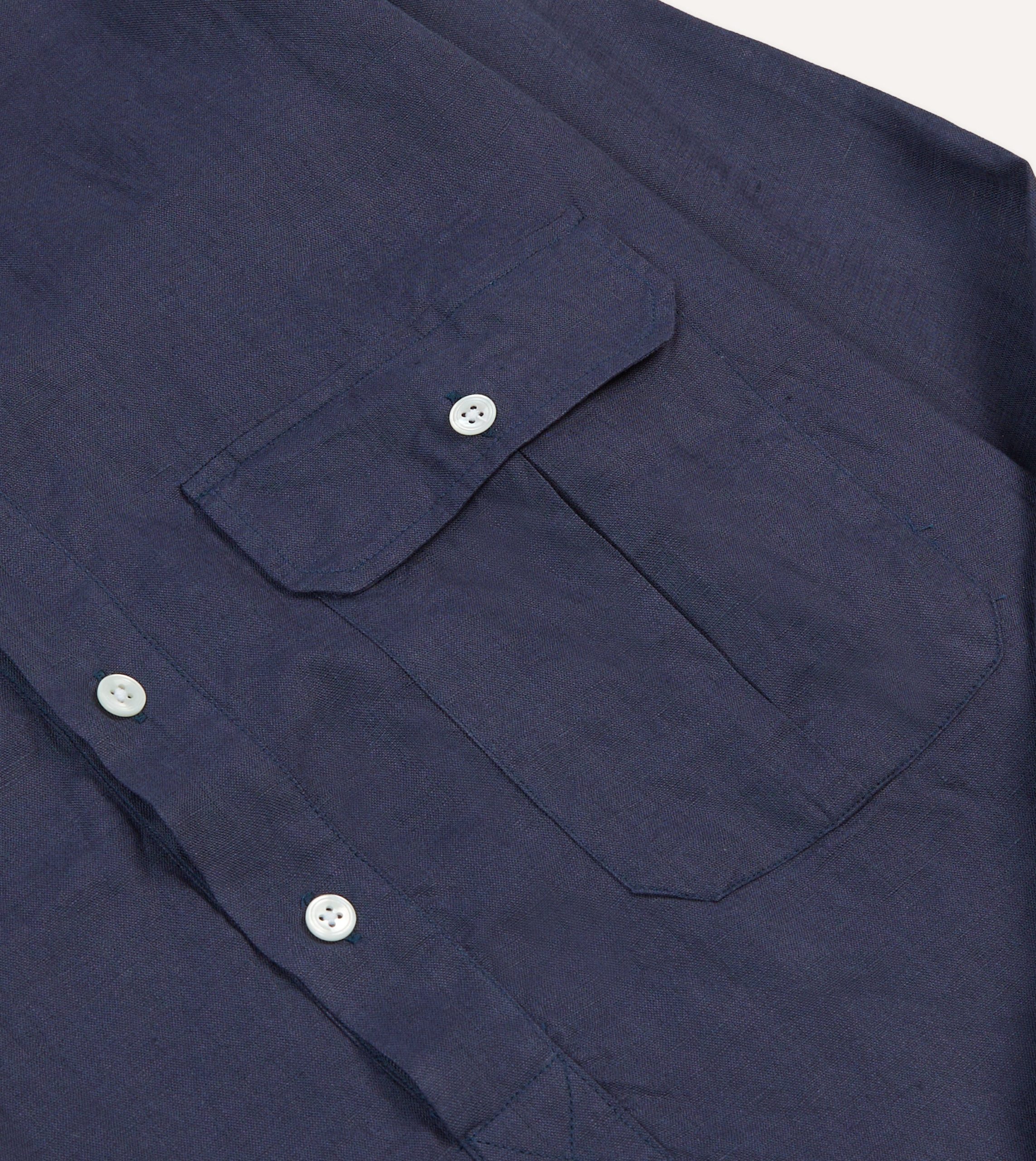 Navy Linen Long Point Collar Popover Shirt - Image 4