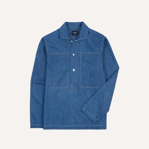 Blue Denim Spread Collar Popover Shirt