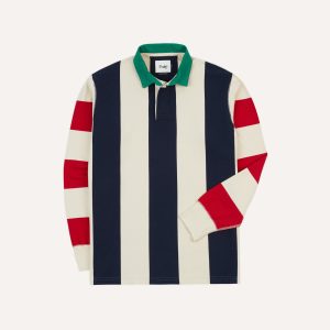 Navy. Red and Ecru Vertical Block Stripe Cotton Rugby Shirt