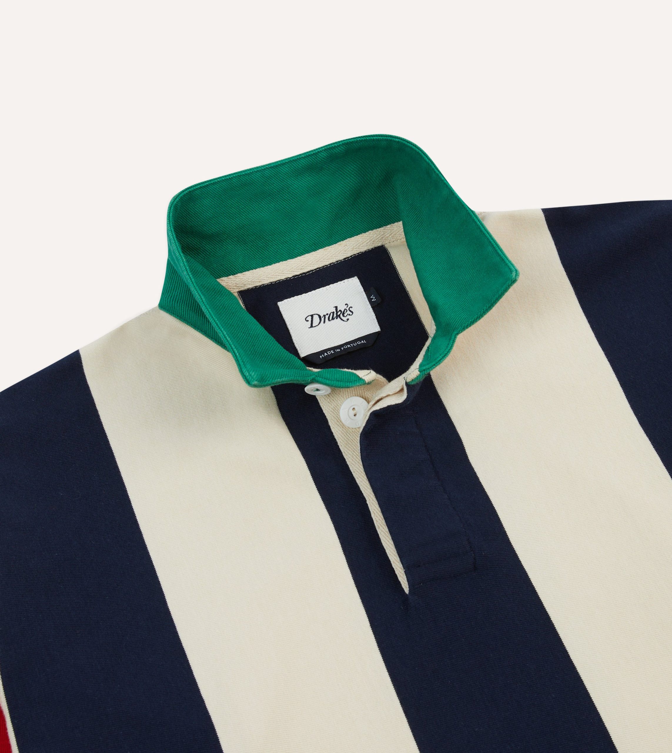 Navy. Red and Ecru Vertical Block Stripe Cotton Rugby Shirt - Image 4
