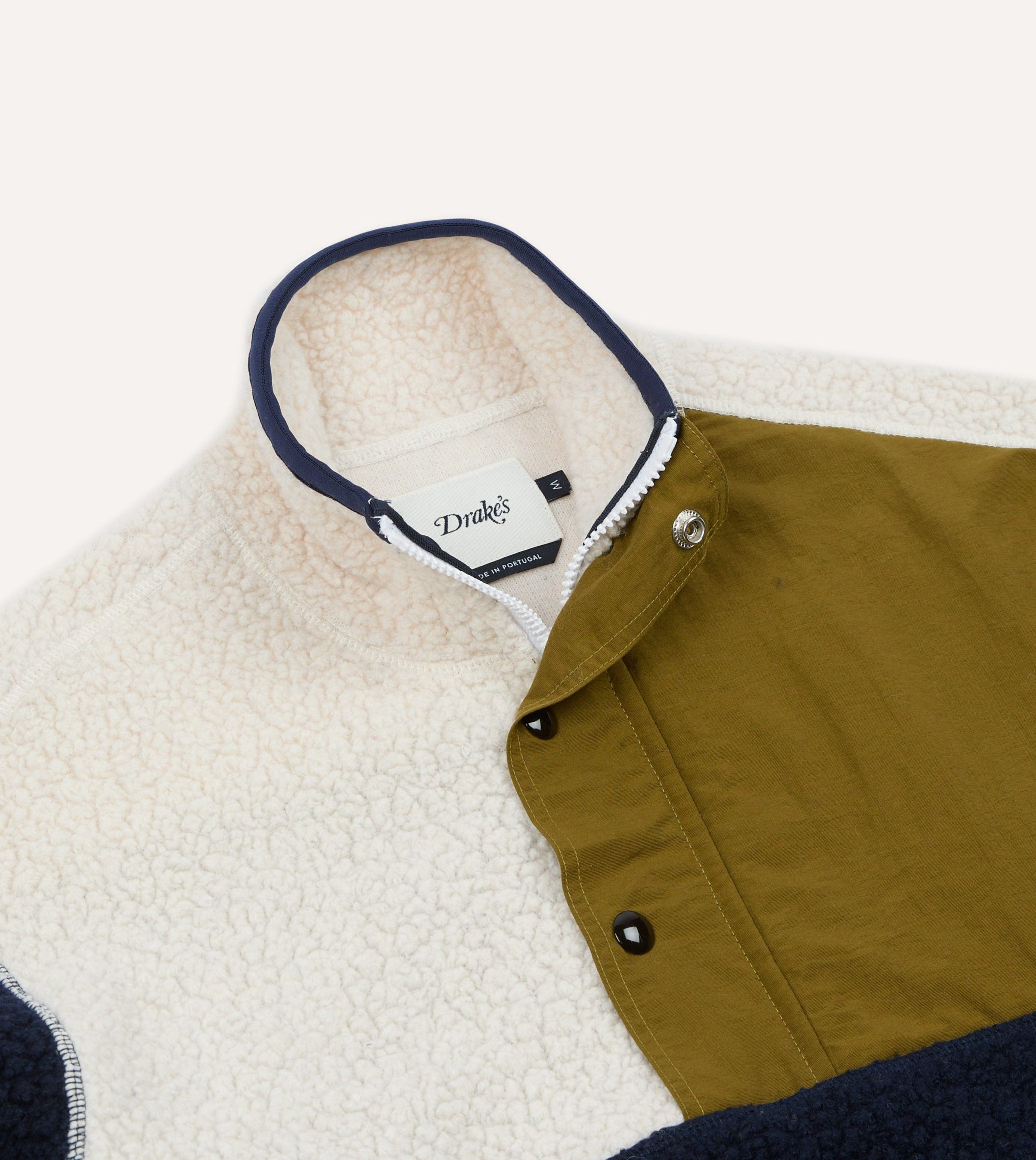Navy. Ecru and Khaki Boucle Wool Half-Zip Fleece Jacket - Image 3