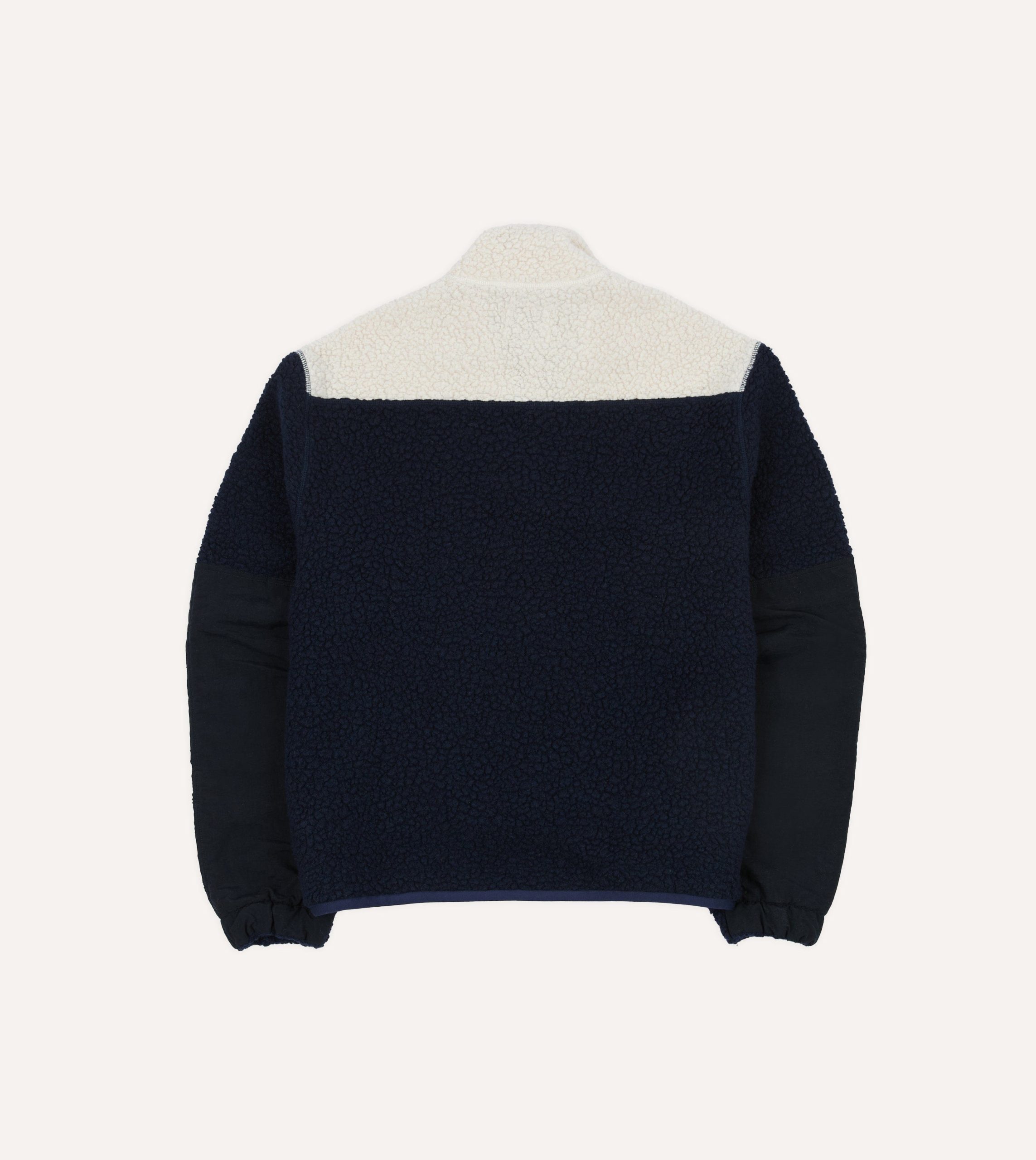 Navy. Ecru and Khaki Boucle Wool Half-Zip Fleece Jacket - Image 7