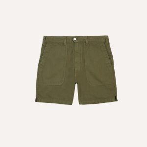 Olive Cotton-Linen Herringbone Fatigue Shorts