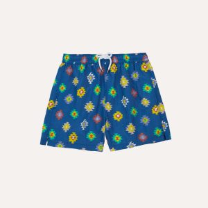 Blue Kilim Print Nylon Drawstring Swim Shorts